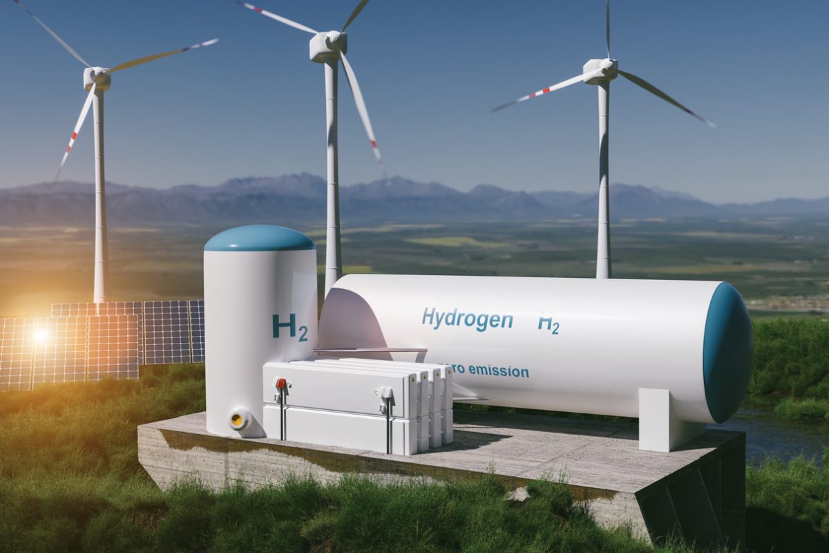 Hydrogen renewable energy production - hydrogen gas for clean electricity solar and windturbine facility. 3d rendering.